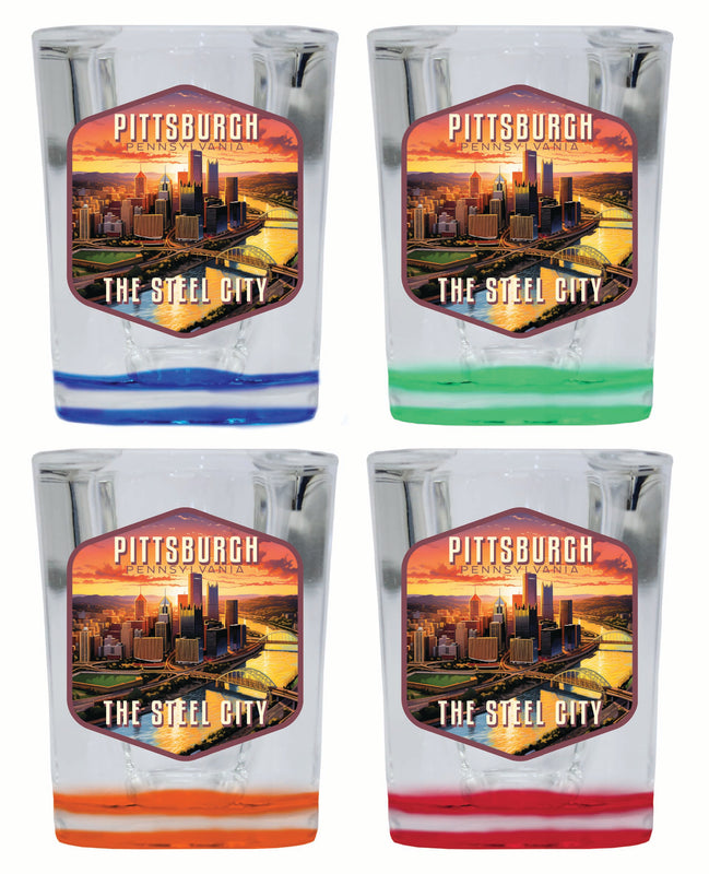 Pittsburgh Pennsylvania The Steel City Design Souvenir 2 Ounce Shot Glass Square 4-Pack Multicolor