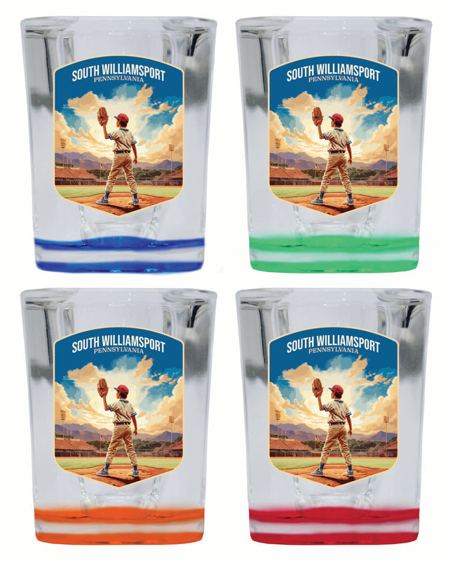South Williamsport Pennsylvania Baseball Pitcher Design Souvenir 2 Ounce Shot Glass Square 4-Pack Multicolor