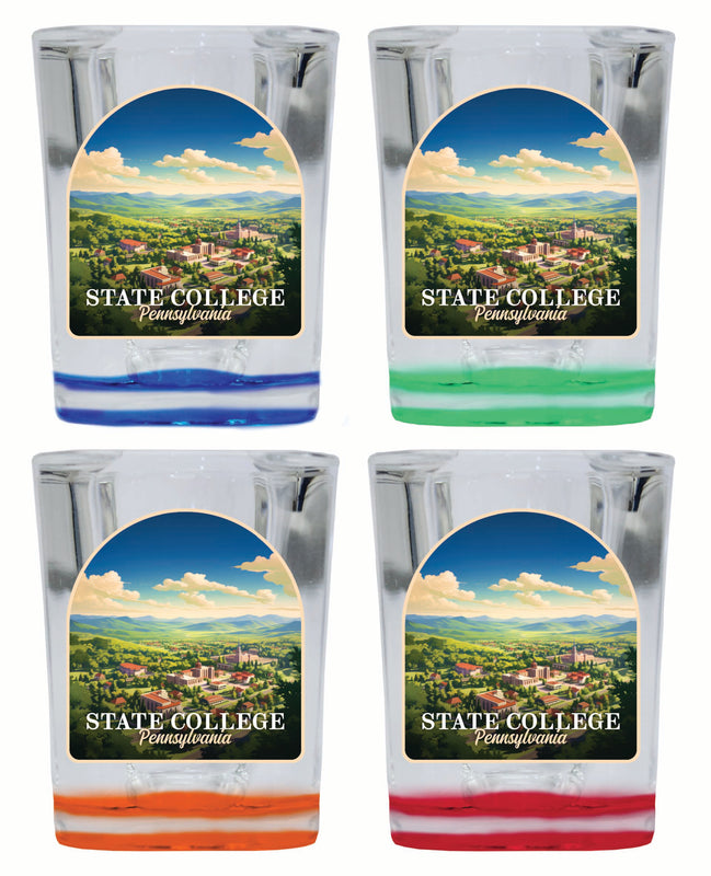 State College Pennsylvania Aerial Town Design Souvenir 2 Ounce Shot Glass Square 4-Pack Multicolor
