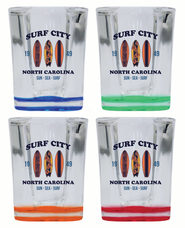 Surf City North Carolina Sun Sea Surf Design Souvenir 2 Ounce Shot Glass Square 4-Pack Multicolor
