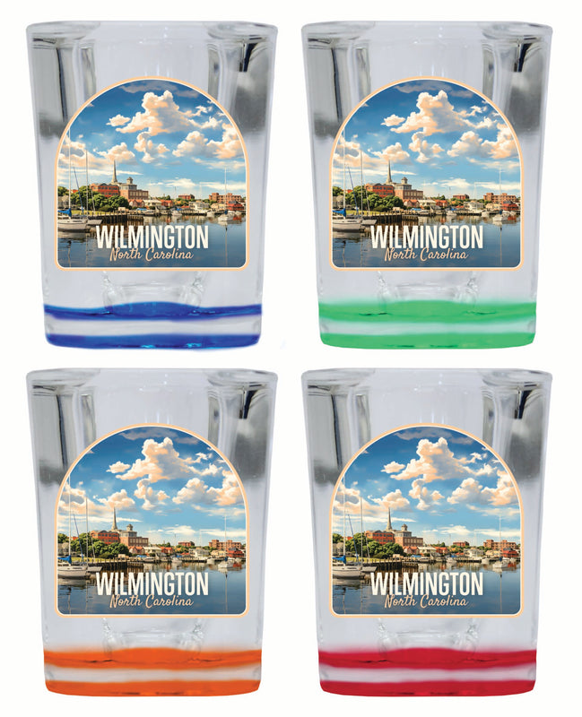 Wilmington North Carolina Riverwalk Design Souvenir 2 Ounce Shot Glass Square 4-Pack Multicolor
