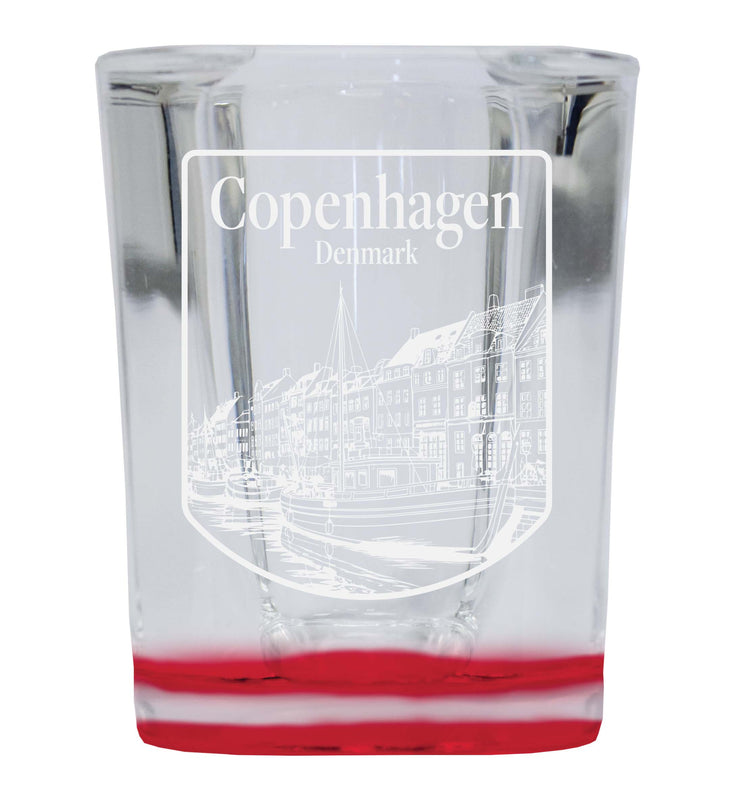 Copenhagen Denmark Souvenir 2 Ounce Engraved Shot Glass Square Red Base 4-Pack