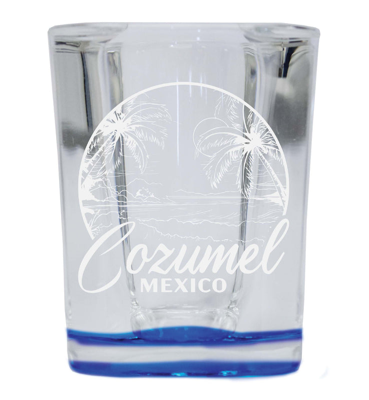 Cozumel Mexico Souvenir 2 Ounce Engraved Shot Glass Square Blue Base 4-Pack