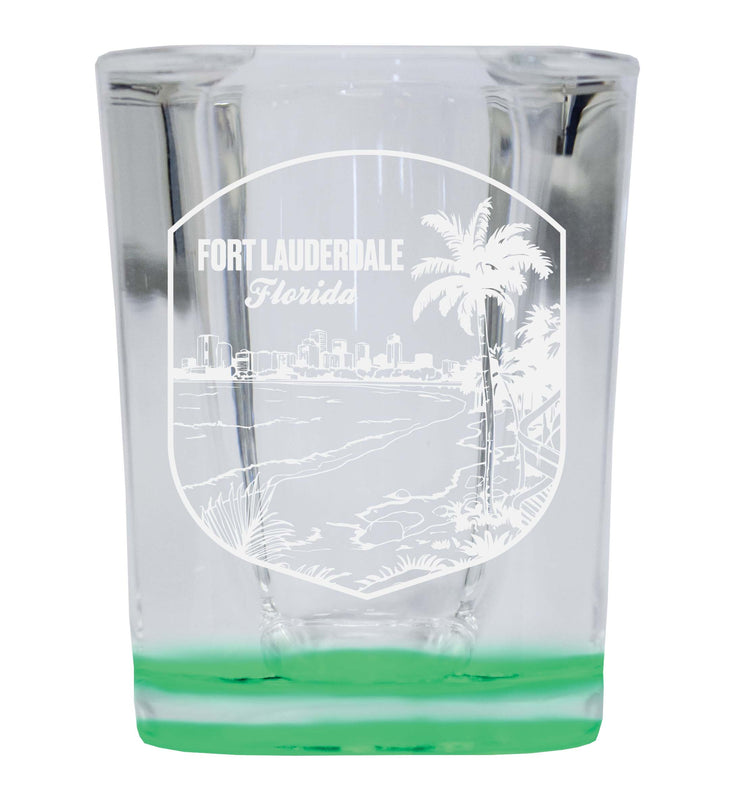 Fort Lauderdale Souvenir 2 Ounce Engraved Shot Glass Square Green Base 4-Pack