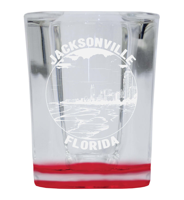 Jacksonville Florida Souvenir 2 Ounce Engraved Shot Glass Square Red Base 4-Pack