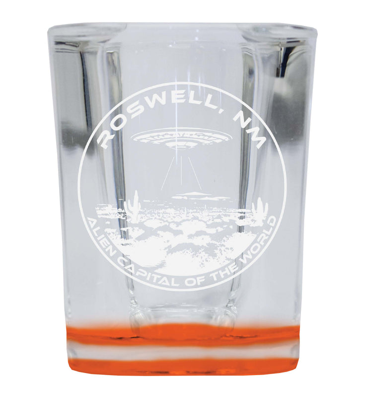 Roswell New Mexico Souvenir 2 Ounce Engraved Shot Glass Square Orange Base Single Unit