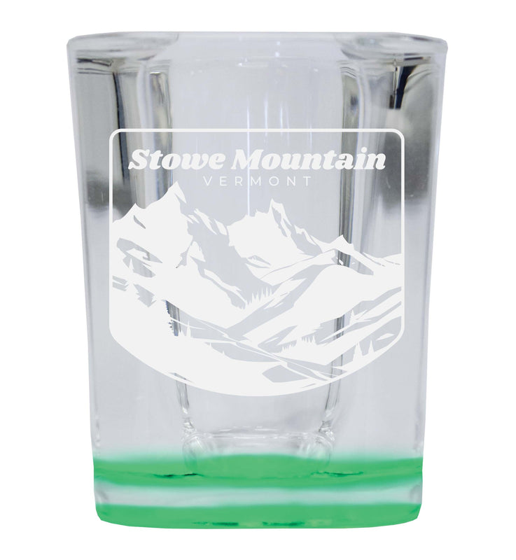 Stowe Mountain Vermont Souvenir 2 Ounce Engraved Shot Glass Square Green Base Single Unit
