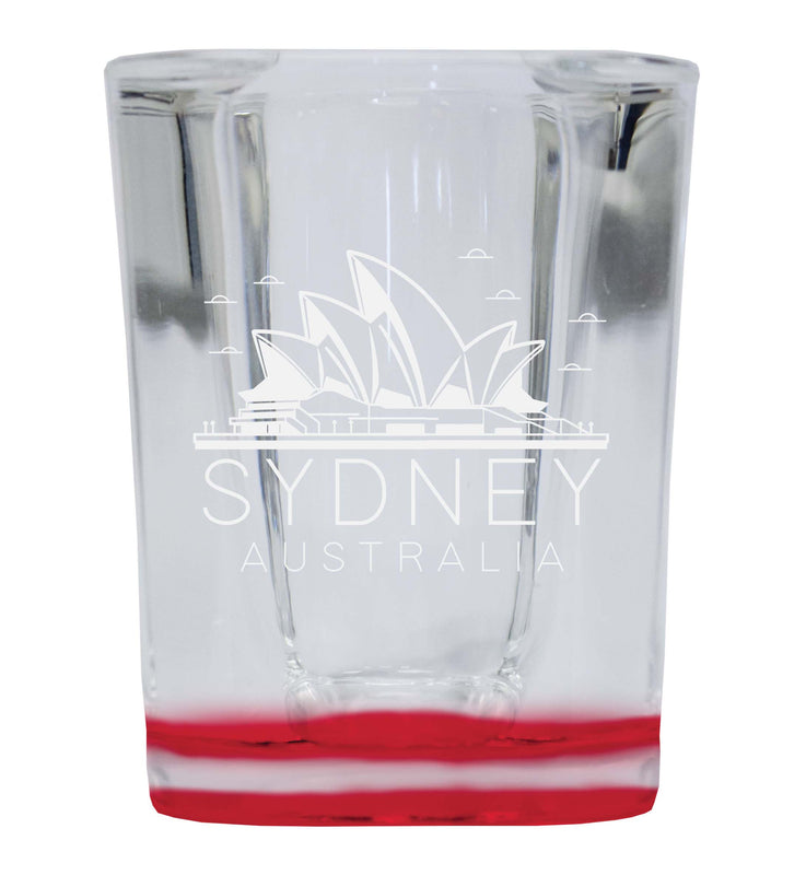 Sydney Australia Souvenir 2 Ounce Engraved Shot Glass Square Red Base 2-Pack