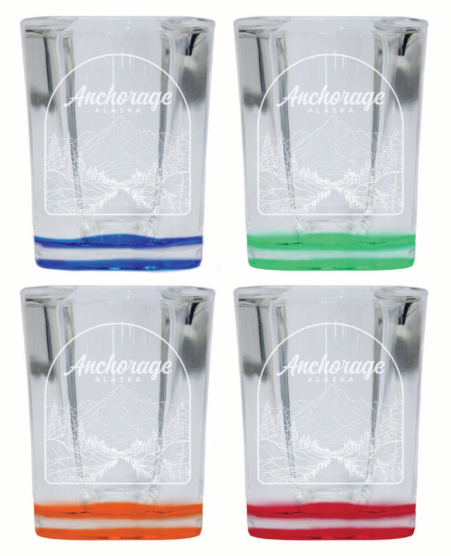 Anchorage Alaska Souvenir 2 Ounce Engraved Shot Glass Square 4-Pack Multicolor
