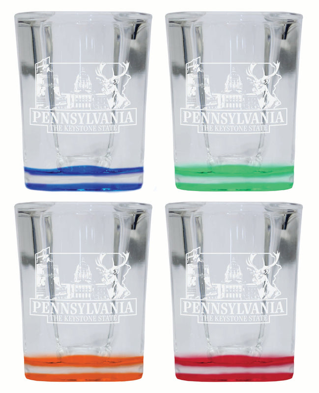 Pennsylvania Souvenir 2 Ounce Engraved Shot Glass Square 4-Pack Multicolor