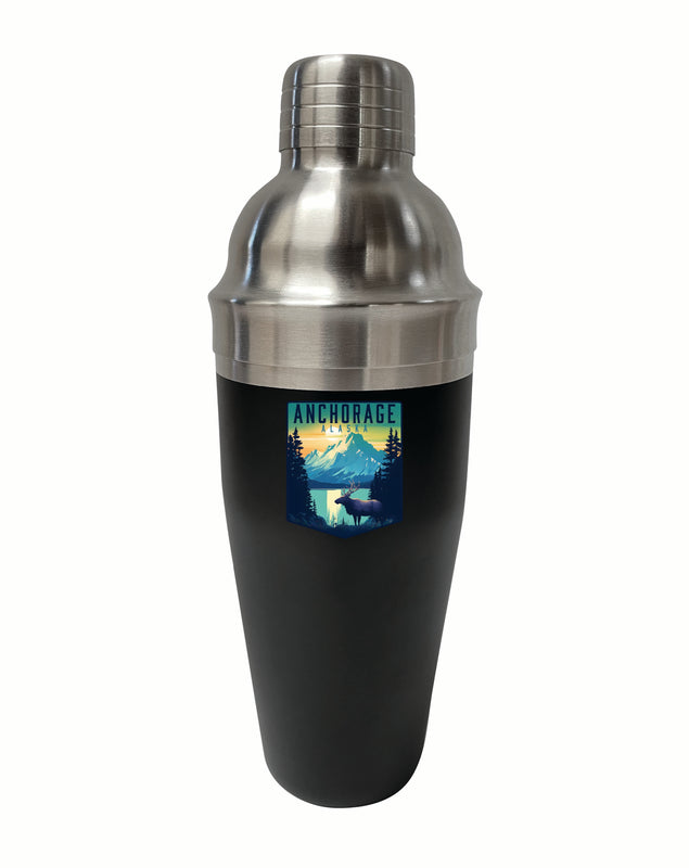 Anchorage Alaska Moose and Mountains Design Souvenir 24 oz Stainless Steel Cocktail Shaker Black 2-Pack