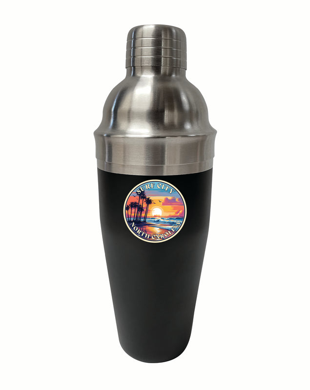 Surf City North Carolina Palm Sunset Design Souvenir 24 oz Stainless Steel Cocktail Shaker Black Single