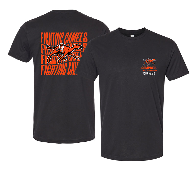 Campbell University Fighting Camels Offic. Licensed Custom Unisex T-Shirt – Left Chest and Large Back Ripple Design XS