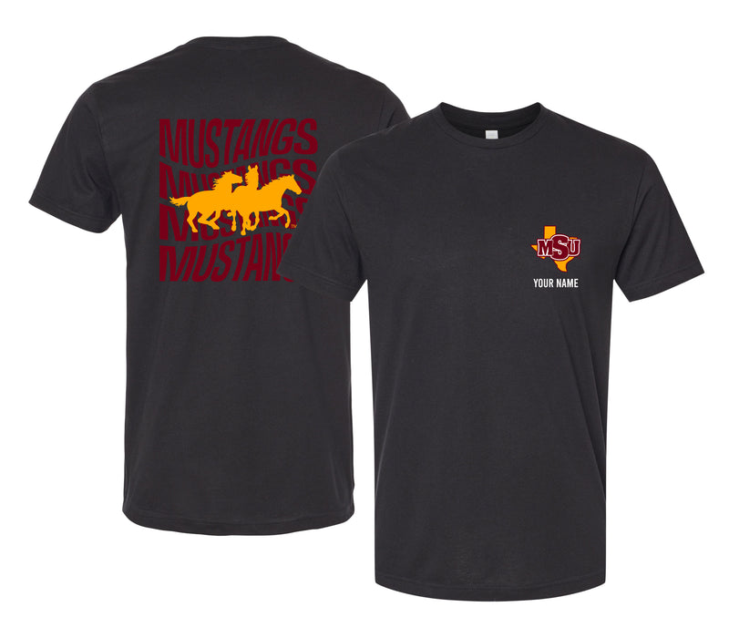 Midwestern State University Mustangs Offic. Licensed Custom Unisex T-Shirt – Left Chest and Large Back Ripple Design XS