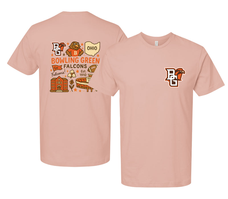 Bowling Green Falcons Officially Licensed Unisex T-Shirt – Left Chest and Large Back Medley Design