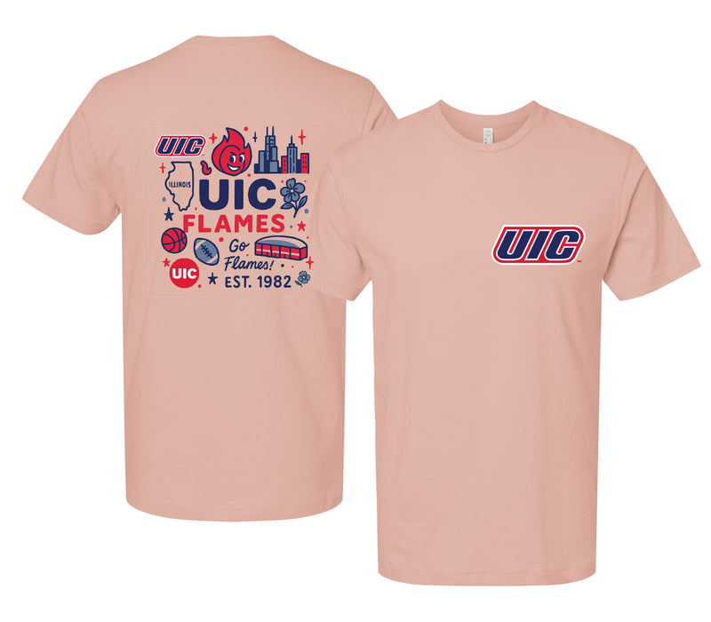 University of Illinois at Chicago Officially Licensed Unisex T-Shirt – Left Chest and Large Back Medley Design