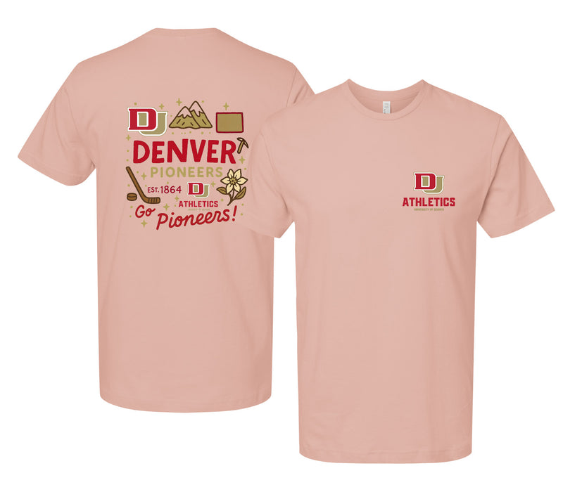 University of Denver Pioneers Officially Licensed Unisex T-Shirt – Left Chest and Large Back Medley Design