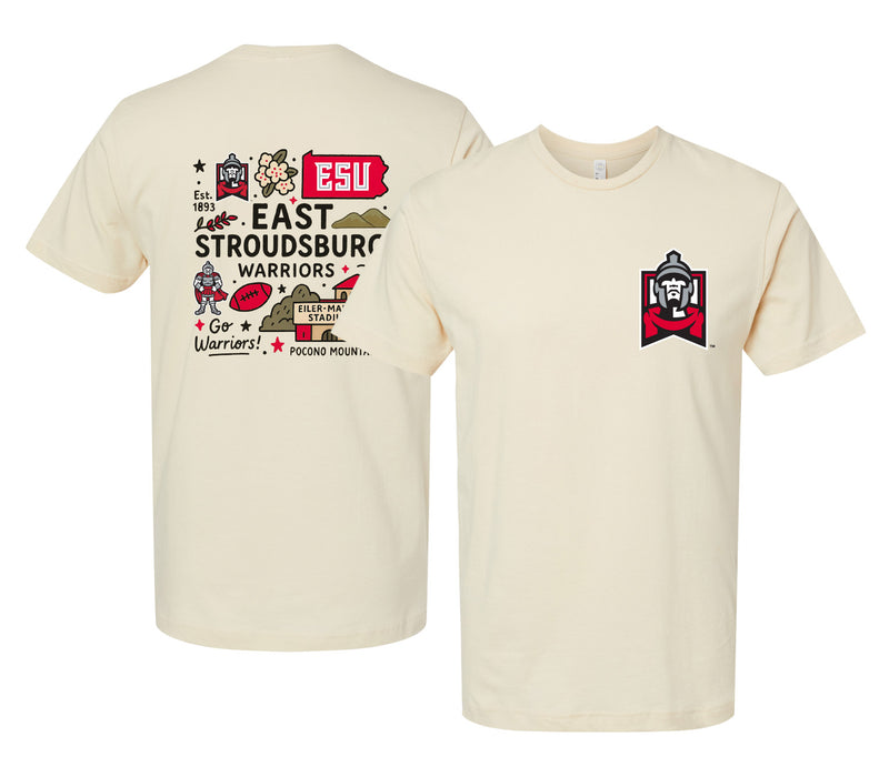 East Stroudsburg University Officially Licensed Unisex T-Shirt – Left Chest and Large Back Medley Design