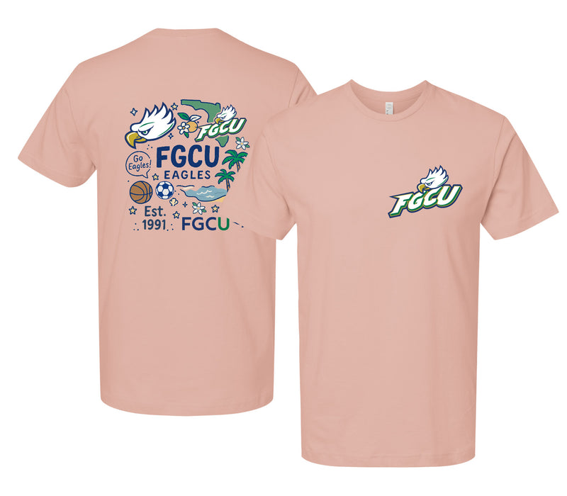 Florida Gulf Coast Eagles Officially Licensed Unisex T-Shirt – Left Chest and Large Back Medley Design