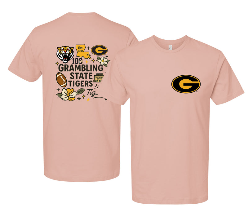 Grambling State Tigers Officially Licensed Unisex T-Shirt – Left Chest and Large Back Medley Design