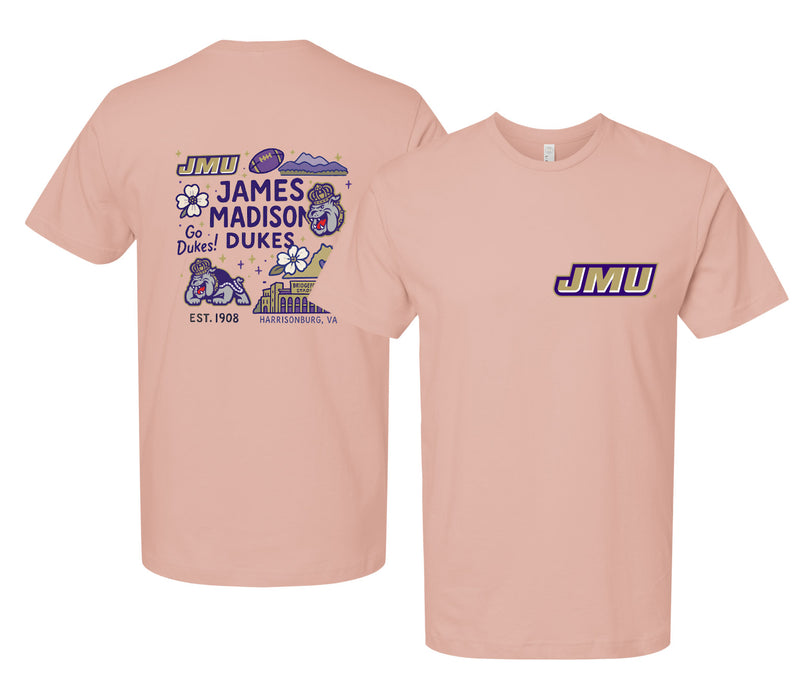 James Madison Dukes Officially Licensed Unisex T-Shirt – Left Chest and Large Back Medley Design