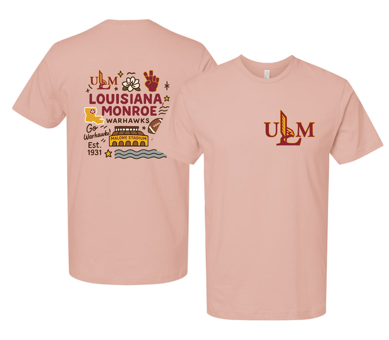 University of Louisiana Monroe Officially Licensed Unisex T-Shirt – Left Chest and Large Back Medley Design