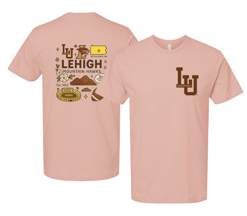 Lehigh University Mountain Hawks Officially Licensed Unisex T-Shirt – Left Chest and Large Back Medley Design