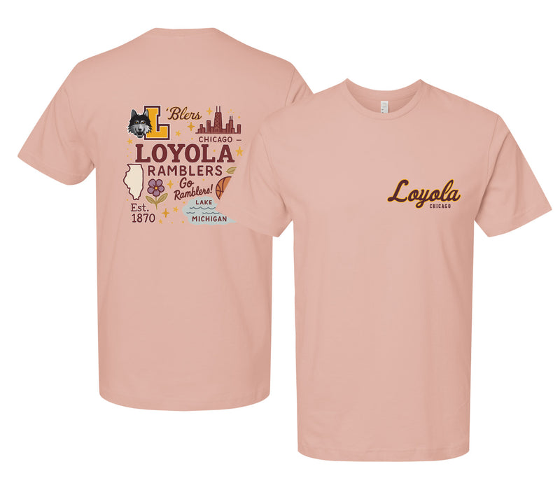Loyola University Ramblers Officially Licensed Unisex T-Shirt – Left Chest and Large Back Medley Design