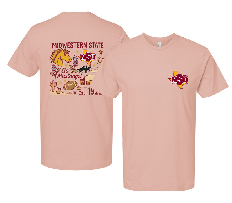 Midwestern State University Mustangs Officially Licensed Unisex T-Shirt – Left Chest and Large Back Medley Design