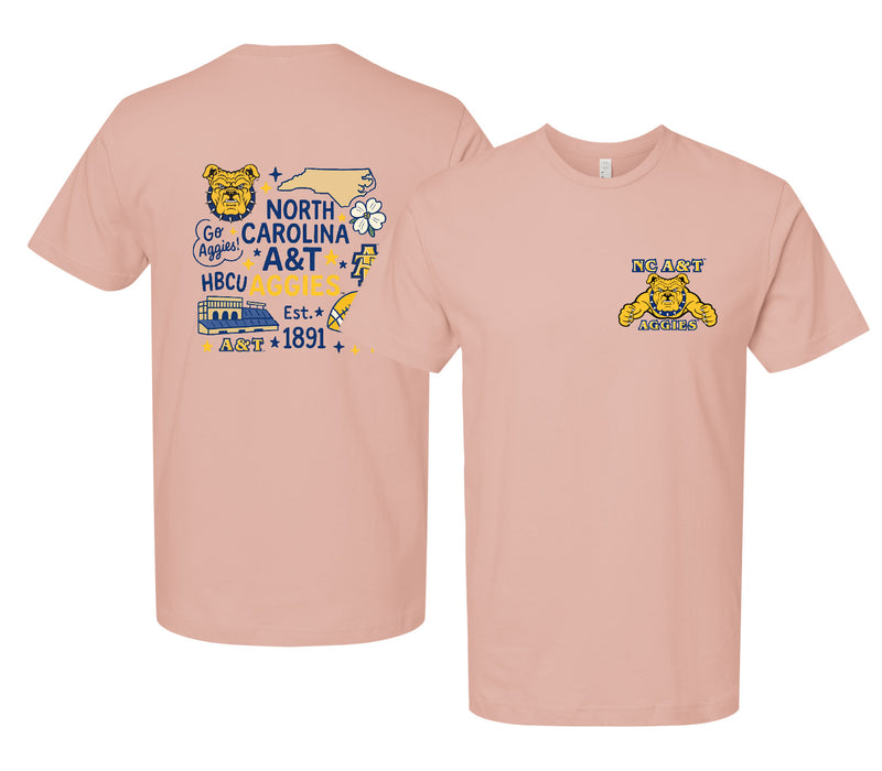 North Carolina A&T State Aggies Officially Licensed Unisex T-Shirt – Left Chest and Large Back Medley Design