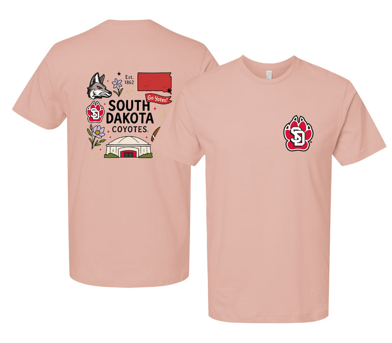 South Dakota Coyotes Officially Licensed Unisex T-Shirt – Left Chest and Large Back Medley Design
