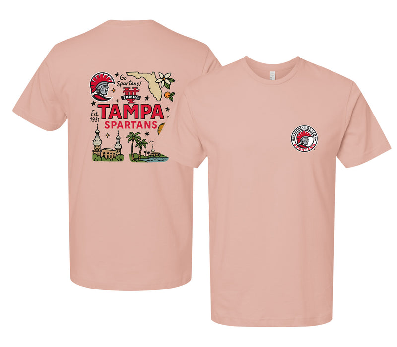 University of Tampa Spartans Officially Licensed Unisex T-Shirt – Left Chest and Large Back Medley Design