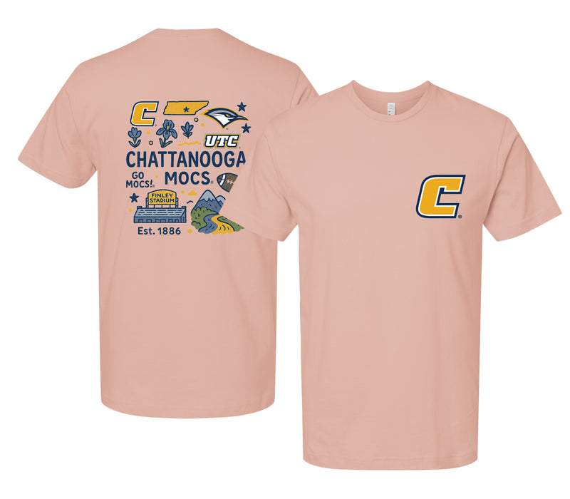 University of Tennessee at Chattanooga Officially Licensed Unisex T-Shirt – Left Chest and Large Back Medley Design