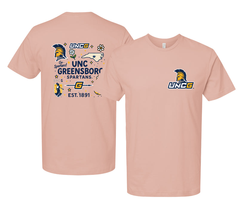 North Carolina Greensboro Spartans Officially Licensed Unisex T-Shirt – Left Chest and Large Back Medley Design