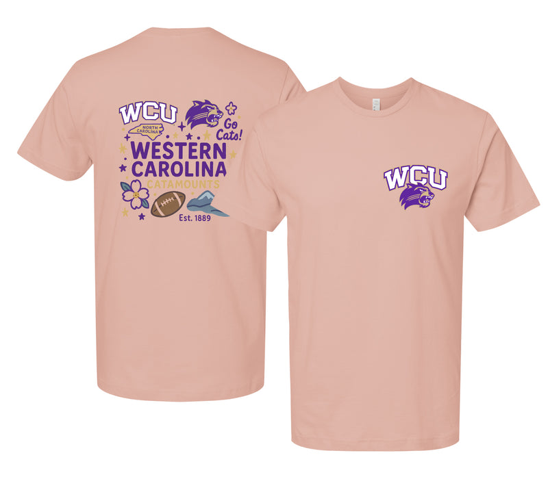Western Carolina University Officially Licensed Unisex T-Shirt – Left Chest and Large Back Medley Design