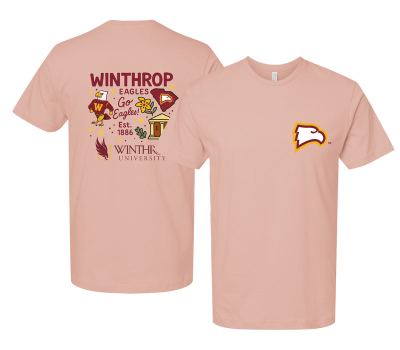 Winthrop University Officially Licensed Unisex T-Shirt – Left Chest and Large Back Medley Design