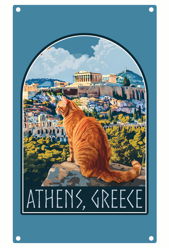 Athens Greece Cat Acropolis Design Souvenir Metal Sign 9 x 15