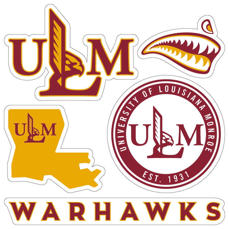 University of Louisiana Monroe Officially Licensed College Sticker Multipack - School Spirit Decal Set 5-Pack