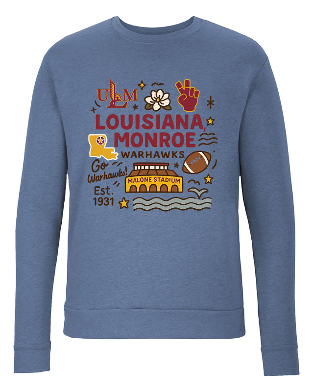University of Louisiana Monroe Sweatshirt with Medley Design – Officially Licensed Crewneck Pullover Large Front