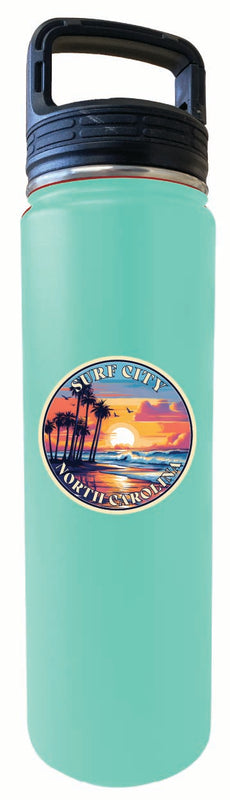 Surf City North Carolina Palm Sunset Design Souvenir 32 oz Insulated Stainless Steel Tumbler Water Bottle with Screw on Lid Seafoam 2-Pack