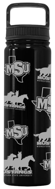 Midwestern State University Mustangs Officially Licensed 24 oz Engraved Insulated Tumbler Water Bottle with Screw on Lid Black