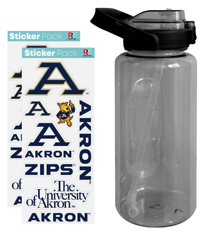 Akron Zips Waterproof Stickers with 64 oz Large Water Bottle with Screw-on Top and Straw Officially Licensed Product Single