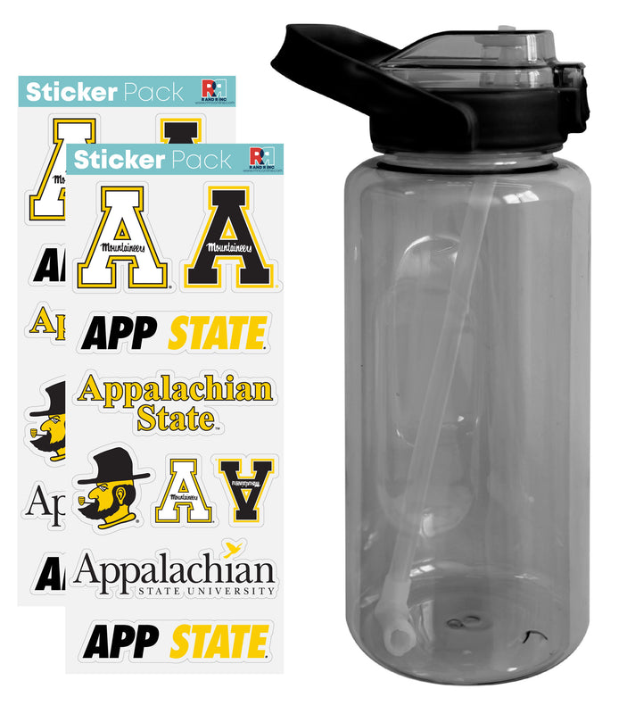 Appalachian State Waterproof Stickers with 64 oz Large Water Bottle with Screw-on Top and Straw Officially Licensed Product Single