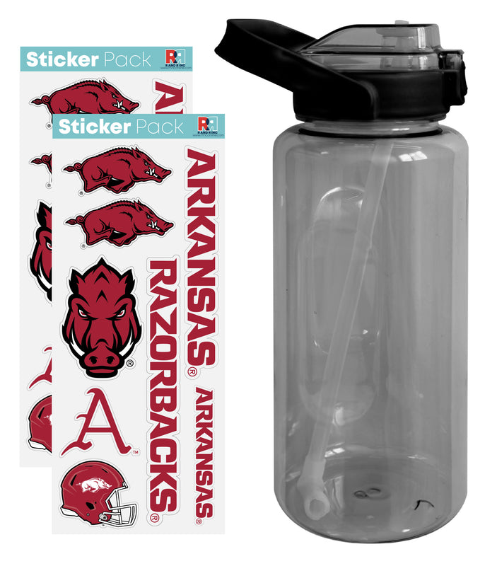Arkansas Razorbacks Waterproof Stickers with 64 oz Large Water Bottle with Screw-on Top and Straw Officially Licensed Product Single