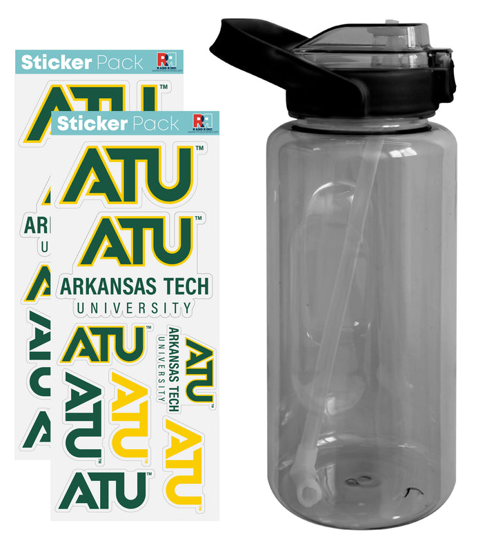 Arkansas Tech University Waterproof Stickers with 64 oz Large Water Bottle with Screw-on Top and Straw Officially Licensed Product Single