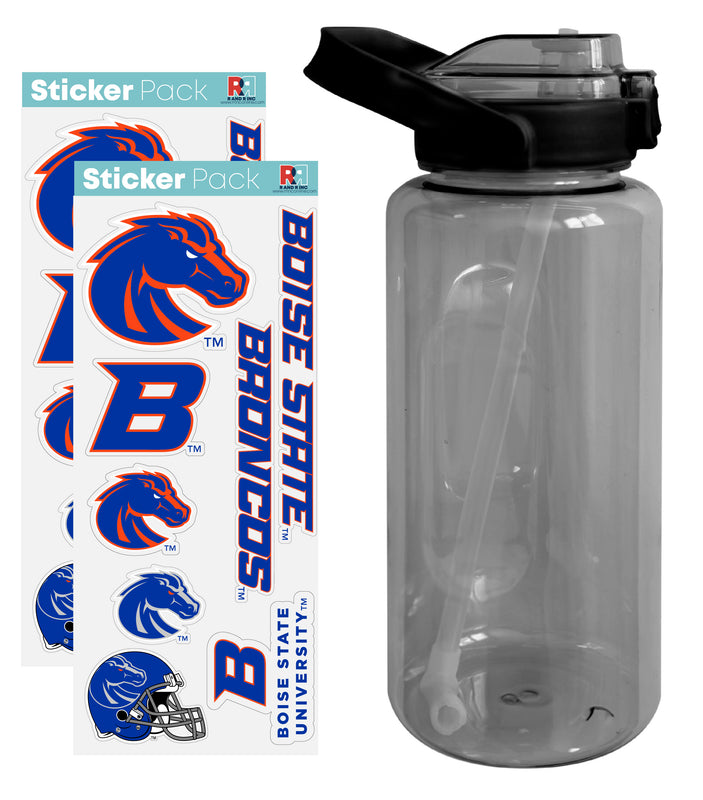 Boise State Broncos Waterproof Stickers with 64 oz Large Water Bottle with Screw-on Top and Straw Officially Licensed Product Single