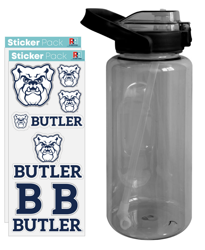 Butler Bulldogs Waterproof Stickers with 64 oz Large Water Bottle with Screw-on Top and Straw Officially Licensed Product Single