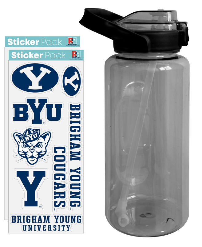 Brigham Young Cougars Waterproof Stickers with 64 oz Large Water Bottle with Screw-on Top and Straw Officially Licensed Product 4-Pack