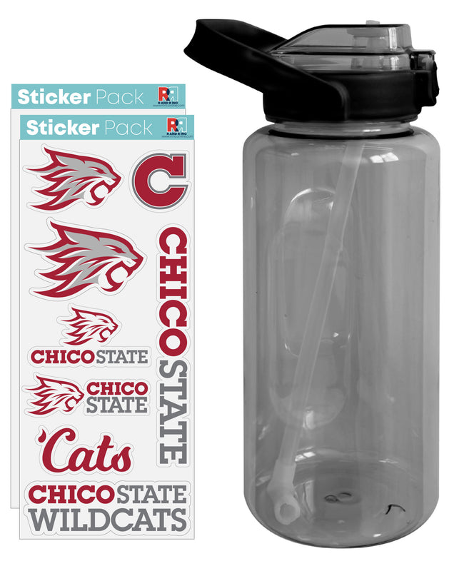 California State University Chico Waterproof Stickers with 64 oz Large Water Bottle with Screw-on Top and Straw Officially Licensed Product Single