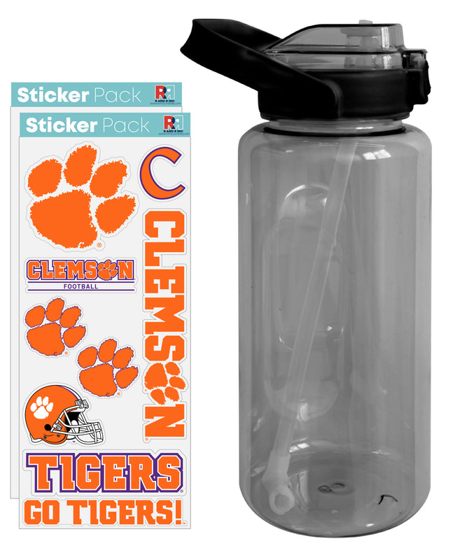 Clemson Tigers Waterproof Stickers with 64 oz Large Water Bottle with Screw-on Top and Straw Officially Licensed Product 2-Pack